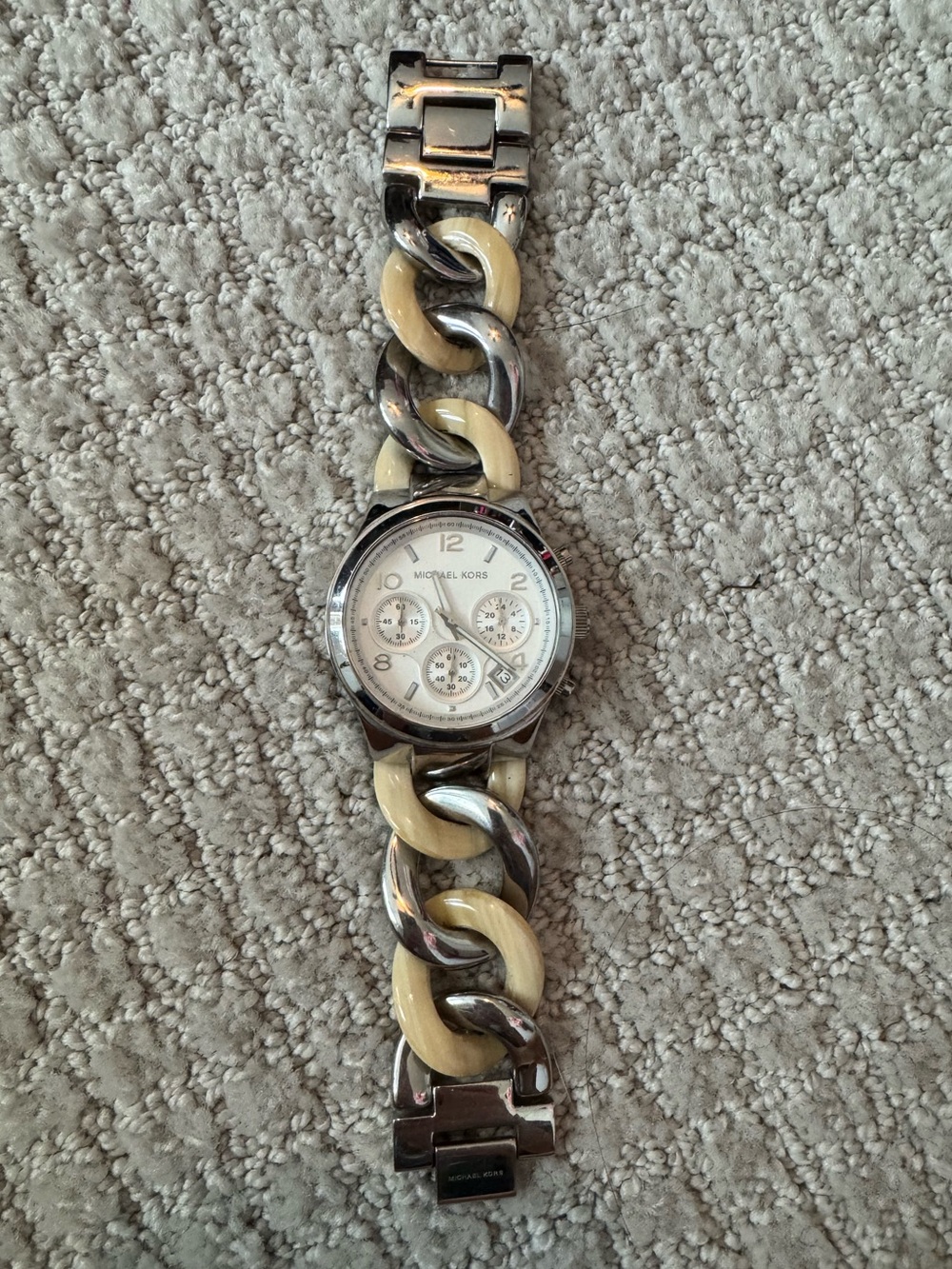 Michael Kors Women’s Silver and Cream Link Bracelet Watch- needs battery